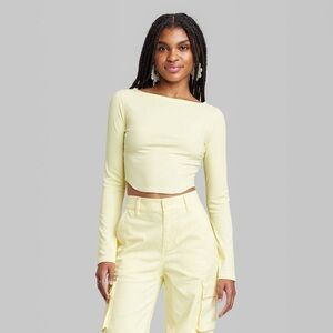 Wild Fable Women’s Soft Long Sleeve Boatneck Active Crop Top Pale Yellow Small